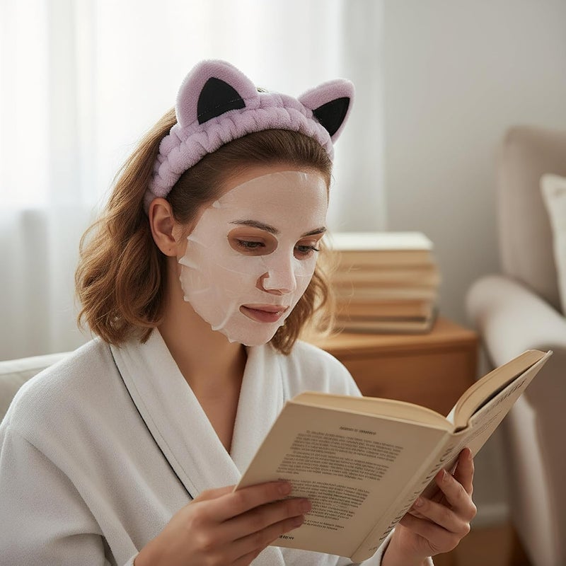 Waliah Cat Ears Headband, Cute Spa Headband and Wristband Set Washing Face Skincare Makeup Headbands for Women Girls Trendy Stuff Present Soft Coral Fleece Hair Accessories(Pink Purple+Khaki) - Image 4